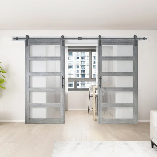 JUBEST Glass and Wood Double Barn Door with Installation Hardware Kit